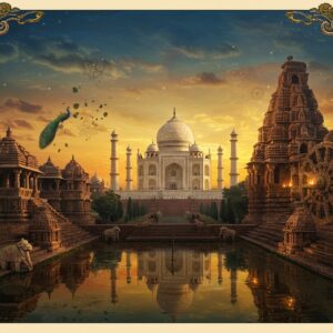 A majestic panoramic scene featuring iconic Indian monuments seamlessly blending into each other through intricate Madhubani-style patterns, with the Taj Mahal as the central focal point glowing in ethereal moonlight. The scene transitions into the ancient Sun Temple of Konark on the right, its massive stone wheels transformed into spinning golden mandalas. On the left, the Khajuraho temples rise with detailed sculptures flowing into floating lotus motifs. The foreground shows the step wells of Adalaj with reflective water creating mirror images of the architecture. The sky features a gradient of deep peacock blue to saffron, with delicate golden patterns inspired by Pattachitra art floating like clouds. Soft glowing orbs of light illuminate the scene, while traditional paisley patterns and geometric designs connect the monuments. The entire composition is framed by stylized stone elephants and peacocks in the traditional Indian art style. The lighting is dramatic with warm golden rays highlighting the architectural details, while cool blue shadows add depth. Hyperrealistic 8k, cinematic lighting, architectural photography style with fantasy elements.
