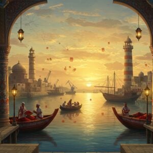A panoramic view of an ancient Indian port at golden sunset, featuring traditional wooden dhow ships with intricate Madhubani-style patterns carved on their hulls in deep maroon and peacock blue. In the foreground, detailed merchant activities with Indian traders in historical costumes handling exotic spices and silk. The port architecture combines ancient Indian temple-style structures with lighthouse towers, adorned with traditional mandala patterns. Soft glowing lanterns illuminate the scene, casting warm golden reflections on calm waters. The sky features delicate cloud patterns inspired by Pattachitra art style, with subtle hints of spice routes mapped in constellation-like formations. Modern cranes and ships appear as subtle silhouettes in the background, creating a bridge between past and present. The scene is framed by ornate pillars featuring maritime motifs like waves, conch shells, and sea creatures in traditional Indian art style. The overall composition has a dreamy, ethereal quality with a color palette of deep ocean blues, sunset golds, and rich earth tones, enhanced by a magical mist that adds depth and mystery to the scene.