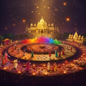 A mesmerizing panoramic scene of Indian festivals unfolding in concentric circles, each ring representing different celebrations - innermost circle shows Diwali with intricate rangoli patterns glowing with diyas and floating lanterns, middle circle depicts Holi celebrations with clouds of vibrant gulal in motion (pink, green, and orange powder), and outer circle shows Durga Puja with a magnificent golden temple architecture. Indian families in traditional attire (women in silk sarees, men in kurtas) are celebrating across these circles. The scene is illuminated by warm golden light from above, creating a ethereal atmosphere. Floating elements include marigold garlands, lotus flowers, and peacock feathers. The background features a large ornate mandala in deep indigo and gold. Art style combines hyperrealistic digital rendering with traditional Madhubani patterns in the details. The color palette includes deep maroon, saffron, royal blue, and gold accents. The scene has a magical, surreal quality with small particles of light scattered throughout, creating a sense of divine celebration.