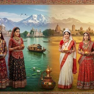 A panoramic Indian landscape divided into distinct visual segments, featuring iconic elements from different regions: a majestic snow-capped Himalayan peak transitions into Kerala's emerald backwaters with traditional houseboats, flowing into Rajasthan's golden sand dunes with ornate havelis. In the foreground, three Indian women in regional attire - one in a vibrant Kashmiri pheran with intricate embroidery, another in a traditional Bengali red-bordered white saree, and third in a colorful Gujarati chaniya choli. Each woman holds culturally significant items - a Kashmiri kahwa cup, Bengali dhunuchi for aarti, and Gujarati garba dandiya sticks. The scene is embellished with detailed Madhubani-style borders featuring peacocks, lotus motifs, and geometric patterns. Soft golden light bathes the scene, creating a dreamy atmosphere. Ancient temples, modern cityscapes, and rural villages blend seamlessly in the background. The color palette includes deep maroons, royal blues, emerald greens, and warm golds, with subtle pastel undertones. Photorealistic style with magical realism elements, 8k resolution, cinematic lighting.
