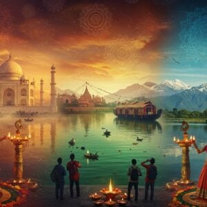 A panoramic collage seamlessly blending iconic Indian scenes: the majestic Taj Mahal bathed in golden sunrise light on the left, transitioning to the emerald backwaters of Kerala with traditional houseboats in the center, and snow-capped Himalayas with prayer flags on the right. The foreground features intricate Madhubani-style patterns depicting Indian classical dancers, peacocks, and lotus motifs. Soft ethereal mist connects the scenes, with floating marigold petals and glowing diyas creating a magical atmosphere. Traditional mandalas in deep saffron and peacock blue float in the sky, emitting a subtle spiritual glow. A group of Indian tourists in modern clothing admire the scenes, their poses showing wonder and joy. The art style combines hyperrealistic architectural details with dreamy, surreal lighting and traditional Indian art elements. Rich jewel tones of maroon, gold, and turquoise dominate, while subtle pastel highlights add depth. Digital painting, cinematic composition, highly detailed, professional lighting, ethereal atmosphere.
