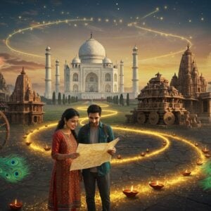 A majestic scene showcasing multiple iconic Indian heritage sites seamlessly blending into one another through golden light trails, featuring the Taj Mahal's pristine white dome in the center background, flanked by Hampi's ancient stone chariot and Khajuraho temples on the right, and Konark Sun Temple's massive wheels on the left. The foreground shows a young Indian couple in modern casual wear (the woman in a contemporary fusion kurti, the man in smart casuals) consulting a traditional scroll-like map that glows with intricate Madhubani patterns. Floating around them are ethereal, translucent imagery of traditional Indian motifs - peacock feathers, lotus flowers, and geometric mandalas in soft pastel hues of turquoise, rose gold, and saffron. The sky features a surreal blend of day and night, with ancient constellation patterns from Indian astronomy forming golden pathways between monuments. Mystical light particles and small floating diyas create a path through the scene. The art style combines hyperrealistic architectural details with dreamy, flowing elements, rendered in rich, deep colors with modern digital finishing. The overall composition suggests both adventure and spiritual connection, with subtle glowing auras around the heritage structures.