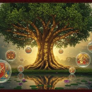 A majestic Indian banyan tree with glowing golden roots transforming into different scripts of Indian languages (Devanagari, Tamil, Bengali, Malayalam), each branch showcasing a distinct cultural motif. The tree's canopy forms a ethereal mandala pattern in deep indigo and gold. Around the tree, floating crystalline spheres contain intricate Madhubani-style vignettes of different Indian cultural scenes - a classical dancer, a temple ceremony, a village gathering, and a modern cityscape. Warm light filters through the leaves, creating dappled patterns on the ground. In the foreground, a serene lotus pond reflects the tree, with each ripple showing fragments of different Indian scripts in luminescent colors. The scene is framed with traditional Pattachitra-style border patterns in deep maroon and peacock blue. The overall atmosphere is mystical and enlightening, with soft glowing orbs of light floating around the tree. Digital art style combining traditional Indian art elements with modern fantasy aesthetics, highly detailed, volumetric lighting, magical atmosphere, 8k resolution.