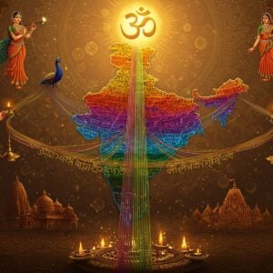 A grand, surreal composition showing the map of India formed by interweaving colorful silk threads in traditional Indian art style, each state depicted in distinct vibrant colors (saffron, deep blue, emerald green, royal purple). The threads transform into flowing rivers of ancient Sanskrit, Tamil, Bengali, and various regional scripts, creating a luminous tapestry. Traditional Indian women in different regional attires (Kerala's kasavu, Bengali saree, Maharashtrian nauvari, Gujarati chaniya choli) stand at four corners, their hands weaving the linguistic threads. Floating mandalas and peacock feathers frame the composition. The background features intricate Madhubani-style patterns in gold and copper tones. Mystical golden light emanates from the center, where a large, ornate Om symbol hovers. Small elements like temple spires, classical dance mudras, and regional musical instruments are subtly woven into the design. The overall style combines hyperrealistic digital art with traditional Indian miniature painting techniques, emphasizing depth and luminosity. Soft glowing orbs and ethereal mist add a dreamlike quality.