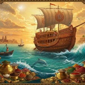 A majestic ancient Indian ship with ornate wooden carvings and traditional patterns, sailing on turquoise waters under a golden sunset sky. The vessel features intricate Madhubani-style designs on its hull, with red and gold sails adorned with peacock motifs. In the foreground, detailed maritime trade items like spices, silk, and pottery arranged in traditional brass containers. The scene is framed by stylized waves in deep indigo and teal, incorporating mandala patterns within the water's movement. Along the coastline, visible architectural elements of ancient Indian ports like Lothal and Mamallapuram, rendered in warm sandstone colors. Ethereal light streams through cotton-candy clouds, creating a mystical atmosphere. Small fishing boats with traditional fishermen in dhotis dot the scene, while dolphins leap through the waves. The composition includes nautical elements like an antique brass compass and astronomy instruments. The art style blends photorealistic textures with traditional Indian art elements, featuring a color palette of deep sea blues, burnished golds, terracotta reds, and pearl whites. Soft glowing orbs of light float around the scene, suggesting ancient maritime wisdom and spiritual connection to the sea.
