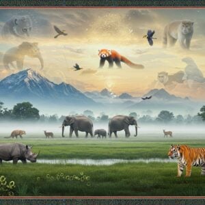 A majestic panoramic view of India's diverse landscapes merging seamlessly - the snow-capped peaks of Western Ghats in crystal blue, the emerald green Kaziranga wetlands with one-horned rhinoceros in the foreground, and the mystical Sundarbans mangroves with a Bengal tiger gracefully walking through. The scene is framed by intricate Madhubani-style borders featuring peacocks and lotus motifs in deep gold and royal blue. A family of Asian elephants walks through morning mist in the middle ground. Floating above are ethereal representations of rare species - red pandas, lion-tailed macaques, and great Indian hornbills in a dreamy, translucent style. The lighting creates a divine atmosphere with soft golden rays filtering through monsoon clouds. The color palette combines rich forest greens, earthy browns, misty blues, and touches of saffron and gold. The scene is rendered in a style merging photorealistic detail with traditional Indian art patterns, emphasized by glowing mandalas in the sky that seem to protect these sacred natural treasures. The composition flows like a living tapestry, with each element smoothly transitioning into the next, creating a sense of unified biodiversity.