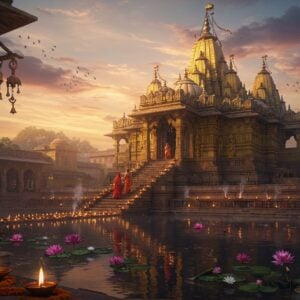 A majestic ancient Indian temple complex at sunrise, with ornate golden spires reaching into a mystical sky filled with soft pink and orange clouds. The temple architecture showcases intricate Nagara-style carved details with multiple ascending shikaras. In the foreground, a serene reflection pool mirrors the temple, surrounded by blooming lotus flowers in pink and white. Stone steps leading to the temple are adorned with traditional oil lamps (diyas) creating a path of golden light. Two Indian pilgrims in traditional attire (a woman in a red silk saree and a man in white dhoti) are shown climbing the steps. Ethereal rays of divine light pierce through the clouds, illuminating the temple's main entrance. The scene is enhanced with floating marigold petals and wisps of sacred incense smoke. Intricate mandala patterns are subtly embedded in the temple's architecture. The color palette focuses on deep golds, rich maroons, and peaceful dawn blues. The art style combines hyperrealistic architectural details with mystical, ethereal lighting effects. Small bells and prayer flags flutter in a gentle breeze, creating a sense of movement. Ancient Sanskrit carvings on the temple walls are illuminated by the morning light.