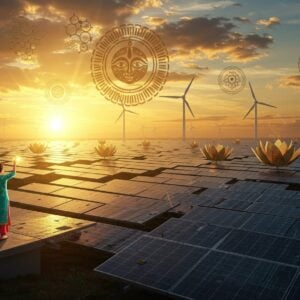 A majestic scene depicting a vast Indian landscape at sunrise, featuring an expansive solar farm stretching towards the horizon. The solar panels are arranged in a mesmerizing mandala pattern, with each panel gleaming with golden reflections. In the foreground, a modern Indian woman in a fusion outfit (teal and gold silk kurta) stands on a elevated platform, her hand gracefully extended towards the sun. Behind her, traditional Madhubani-style sun motifs merge with modern solar technology. The sky features a gradient from deep saffron to peacock blue, with ethereal light rays filtering through stylized clouds. Floating above are intricate patters of interconnected sacred geometry in gold, representing energy flow. The scene is adorned with contemporary wind turbines in the background, their blades creating gentle circular patterns. The lighting is dramatic with lens flares and golden hour warmth, while floating lotus flowers made of solar cells add a surreal touch. The art style combines hyperrealistic technological elements with traditional Indian art patterns, rendered in a cinematic 4K quality with volumetric lighting.
