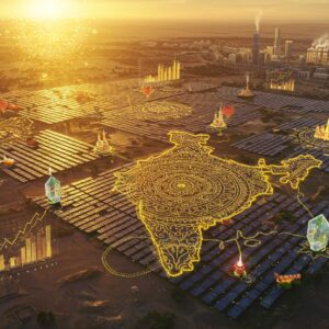 A grand aerial view of India's landscape bathed in golden sunlight, with massive solar panel installations forming intricate mandala patterns across different states. The panels gleam with photorealistic reflections, while traditional Indian rangoli patterns made of light connect different solar farms. In the foreground, a majestic sun rises, rendered in traditional Madhubani art style with detailed patterns, casting long shadows across the terrain. The scene features floating crystalline charts showing growth metrics, transformed into artistic geometric formations that cast prismatic light. Modern smart cities shimmer in the background, powered by visible streams of golden energy flowing from the solar installations. The color palette combines deep saffron, electric blue, and metallic gold, with soft pastel undertones. Ethereal light rays pierce through scattered clouds, creating a divine atmosphere. Small elements like birds and traditional Indian architectural motifs are integrated into the solar installations, maintaining cultural connection. The overall composition suggests both technological advancement and spiritual harmony, rendered in a style merging hyperrealistic 3D with traditional Indian art elements.