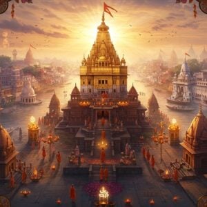 A grand aerial view of India's most sacred cities seamlessly blending together in a mystical mandala-like composition, with the holy Ganges flowing through as a luminescent thread connecting them. In the center, a massive golden temple structure rises, combining architectural elements from Varanasi's Kashi Vishwanath, Tirupati's golden spires, and Amritsar's Golden Temple. Ethereal light rays pierce through morning mist, casting divine shadows. The foreground shows pilgrims in traditional Indian attire walking on ancient stone steps, their shadows elongated in the dawn light. Traditional Madhubani-style peacocks and lotus flowers frame the corners, while floating diyas and flower petals create a path across the scene. The color palette features deep saffron, royal blue, and burnished gold, with touches of sunrise pink in the sky. Sacred symbols like Om and Swastika are subtly woven into architectural details. Multiple small shrines with glowing aura dot the landscape, creating a constellation-like pattern. Hyperrealistic digital art style merged with traditional Indian art patterns, emphasizing photorealistic architecture with mystical elements.