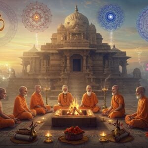 A mystical panoramic scene of ancient India at dawn, featuring a grand stone temple with intricate Nagara-style architecture in the background. In the foreground, a serene meditation space with seven sages in traditional Indian attire seated in padmasana around a sacred fire (havan kund) with golden flames. Floating above them, ethereal manifestations of various spiritual symbols - a large Om symbol emanating golden light, a spinning chakra wheel in deep blue, and a blooming lotus in soft pink. The scene is adorned with multiple rings of mandalas in Madhubani art style, featuring peacock blues and deep maroons. Streams of light particles and celestial energy swirl through the composition. Traditional elements like brass oil lamps, meditation beads, and vedic scrolls are scattered thoughtfully. The lighting is otherworldly with soft golden rays filtering through morning mist, creating a dreamlike atmosphere. The color palette combines rich traditional colors with modern ethereal gradients. The art style merges hyperrealistic digital rendering with traditional Indian art patterns, creating a cosmic spiritual ambiance.