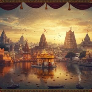 A magnificent aerial view of India's sacred cityscape at golden hour, featuring iconic temples seamlessly blending into a surreal landscape. In the center, a grand Varanasi ghat with illuminated diyas floating on the Ganges, transitioning into Amritsar's Golden Temple reflecting in pristine waters. The Meenakshi Temple's colorful gopurams rise on one side, while Kolkata's Dakshineswar Temple emerges from morning mist on the other. Sacred symbols float in the sky - a large mandala merging into lotus patterns, with ethereal light rays in soft saffron and blue hues. The scene is adorned with flowing silk fabrics in deep maroon and peacock blue, creating a sense of movement. Traditional Madhubani patterns frame the edges, featuring intricate peacocks and flowers in gold. Glowing orbs of spiritual energy connect the temples, while incense smoke creates mystical swirls in the air. The art style combines hyperrealistic architectural details with dreamlike elements, rendered in rich, deep colors with modern digital finesse. The atmosphere is serene yet majestic, with subtle hints of twinkling lights and floating flower petals.