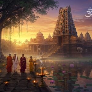 A majestic Indian temple complex at dawn, with golden sunlight filtering through morning mist, featuring a soaring 120-foot gopuram adorned with intricate Dravidian sculptures in vibrant colors (saffron, deep blue, and maroon). In the foreground, a serene stone pathway lined with lit brass diyas leads to the temple, flanked by ancient banyan trees with hanging roots. Three Indian pilgrims in traditional attire (one elderly in white dhoti, one middle-aged woman in maroon silk saree, one young girl in yellow salwar) walk reverently on the path. The scene is enhanced by floating lotus flowers in a sacred pond to the right, reflecting the temple's golden spires. Ethereal streams of incense smoke curl through the air, carrying subtle mandala patterns. The sky features a gentle gradient from deep purple to warm orange, with delicate clouds forming subtle Om symbols. Soft glowing auras surround the temple's main entrance, where detailed stone elephants stand guard. The art style combines hyperrealistic architectural details with mystical Madhubani-inspired patterns in the decorative elements, creating a harmonious blend of traditional and contemporary aesthetics.