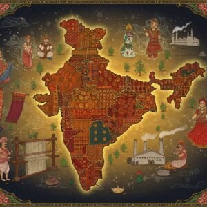 A grand panoramic view of India's diverse textile landscape, featuring a richly detailed map of India formed by interwoven fabrics. The map showcases distinct regional textiles - Banarasi silk in the north glowing in deep gold and maroon, Kashmir's pashmina in soft whites and blues, Bengal's Jamdani in delicate pastels, and Gujarat's Bandhani in vibrant reds and yellows. Traditional artisans, depicted in detailed Madhubani art style, work at their looms around the map's borders. Floating above are ethereal representations of textile motifs - peacocks from Kanchipuram silk, elephants from Mysore silk, and geometric patterns from Ikat. The scene is illuminated by warm, golden light, with subtle sparkles highlighting the textile details. Modern factory silhouettes blend seamlessly with traditional elements in the background. Intricate mandala patterns frame the corners, featuring miniature scenes of silk worms, cotton plants, and weaving processes. The color palette transitions from deep jewel tones of traditional textiles to modern metallic sheens, with threads of gold connecting different regions like flowing rivers.