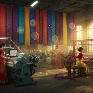 A grand, cinematic scene of a modern Indian textile factory seamlessly blending with traditional handloom practices, bathed in golden morning light streaming through large industrial windows. In the foreground, an elegant Indian woman in a designer silk saree operates a modern computerized weaving machine while beside her, another woman works on a traditional wooden handloom creating intricate Banarasi patterns. The background features a mesmerizing wall of cascading fabrics in vibrant jewel tones - peacock blue, royal purple, deep maroon, and golden yellow - floating ethereally. Floating geometric mandalas and traditional textile patterns appear as translucent overlays. The scene includes modern industrial elements like sleek machinery and automated systems alongside traditional elements like spinning wheels and colorful spools of thread. The lighting is dramatic with soft spotlights highlighting the contrast between modern and traditional elements. The color palette combines deep, rich traditional Indian colors with modern metallic and chrome finishes. The art style merges hyperrealistic industrial photography with ethereal, dreamy elements of traditional Madhubani art patterns in the background. The scene should convey both technological advancement and cultural heritage, with floating particles of golden light adding a magical quality.
