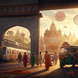 A vibrant, dynamic scene depicting a bustling Indian transportation hub at golden hour, featuring a modernized traditional Indian arch gateway in the foreground decorated with intricate Madhubani patterns in deep blue and gold. A sleek, modern metro train curves through the left side, while a colorfully decorated traditional public bus with peacock motifs stands on the right. In the center, a group of diverse Indian commuters in both traditional and contemporary attire interact naturally. The background showcases a seamless blend of ancient and modern architecture - temple spires alongside modern skyscrapers. Floating mandalas in soft pastels connect different modes of transport like visual pathways. Traditional auto-rickshaws adorned with marigold garlands weave through the scene. The lighting creates a ethereal glow, with warm golden rays filtering through, casting intricate shadows of the architectural elements. Small details include lotus motifs on the metro pillars and Pattachitra-style border patterns on the walkways. The color palette combines deep maroons, peacock blues, and saffron with modern metallic elements, all unified by a subtle spiritual aura. The composition should be cinematic and expansive, captured in a hyperrealistic digital art style with magical realism elements.