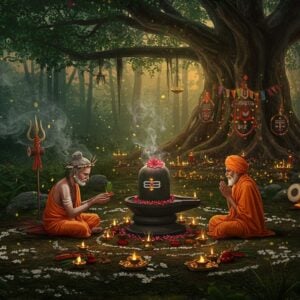 A mystical forest clearing at twilight, where an elderly tribal priest in traditional Adivasi attire performs a sacred ritual alongside a Hindu sadhu in saffron robes. They both face a naturally formed Shiva lingam made of black stone, adorned with red hibiscus flowers and tribal symbols. The scene is illuminated by floating brass diyas and forest fireflies creating a golden ethereal glow. In the background, a massive sacred banyan tree with hanging roots is decorated with both tribal totems and Hindu prayer flags. The forest floor features intricate Warli-style art patterns naturally formed by white flowers. Smoke from sacred herbs creates swirling patterns in the air, mixing with strands of golden light. The color palette combines deep forest greens, earthen browns, saffron, and gold accents. The art style merges traditional Pattachitra techniques with modern digital art, emphasizing the magical realism of the scene. The scene includes subtle symbols like a tribal medicine wheel alongside a Vedic yantra, and sacred tribal drums near Hindu temple bells.