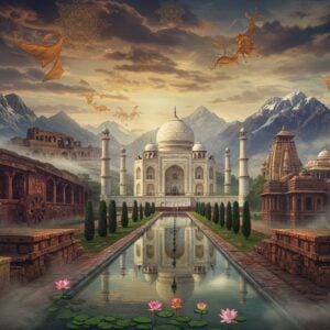 A majestic panoramic view of India's most iconic heritage sites seamlessly blending into one dreamlike landscape, styled in neo-Madhubani art. In the center, the pristine white Taj Mahal glows with an ethereal light, its reflection shimmering in a tranquil pool. To its left, the ancient caves of Ajanta curve organically, their walls adorned with intricate classical paintings in deep burgundy and gold. To the right, the Sun Temple of Konark rises, its massive stone wheels and horses captured in mid-motion. The foreground features the step wells of Gujarat with geometric patterns in peacock blue and turquoise. The scene is framed by the mighty Himalayas in the background, where the Kedarnath temple sits nestled in the snow-capped peaks. Traditional Indian motifs and mandalas float in the sky like celestial bodies, casting a golden glow. Sacred lotus flowers in soft pink and white emerge from the waters below. The lighting is dramatic with rays of sunlight breaking through clouds, creating an interplay of light and shadow. The entire composition is rendered in rich, saturated colors - deep maroons, royal blues, burnished golds, and emerald greens, with intricate details reminiscent of traditional Indian miniature paintings but with a modern, digital finish. Ethereal mist partially veils distant monuments, creating depth and mystery.