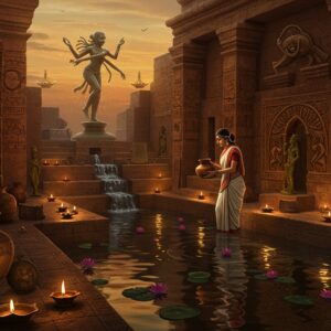 A majestic terracotta-toned scene depicting an ancient Indus Valley great bath at dusk, with intricate Madhubani-style patterns in gold detailing the stone architecture. A serene Indian priestess in traditional Indus Valley attire (white cotton drape with red border) performs a water ritual, holding a copper vessel with precise geometric patterns. In the background, the iconic bronze Dancing Girl statue comes alive in a ethereal, glowing form. The scene features authentic Indus Valley symbols and seals floating in a spiritual, golden aura. The foreground shows carefully detailed artifacts - pottery with sacred bull motifs, steatite seals with unicorn carvings, and bronze sculptures. Multiple oil lamps cast a warm, mystical glow, creating dramatic shadows on the intricately carved walls. The water reflects the golden hour sky, creating mesmerizing ripples with lotus flowers floating on the surface. The color palette combines deep earthy browns, burnt orange, and gold with splashes of peaceful blue water. Architectural elements show precise grid patterns and advanced drainage systems typical of Indus engineering. The art style merges hyperrealistic archaeological accuracy with ethereal, spiritual overtones in the lighting and atmospheric effects.