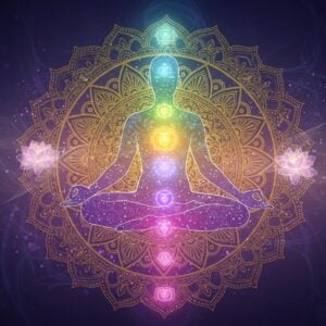 A serene Indian yogi in lotus position floating above a luminous golden mandala, body semi-transparent revealing chakra energy centers glowing in their respective colors (red, orange, yellow, green, blue, indigo, purple). Sacred geometry patterns spiral outward in metallic gold and silver. The background features a gradient from deep indigo to soft lavender, with ethereal wisps of light. Multiple translucent lotus flowers in pastel pink and white orbit around the figure. The yogi's face shows profound peace, with a subtle golden aura. Modern elements include sleek, minimalist sacred geometry patterns and digital particle effects flowing through the chakras. Soft orbs of light scatter across the scene. The style combines traditional Madhubani patterns in the mandala with contemporary digital art techniques. The lighting is dramatic yet soft, creating a mystical atmosphere with rays of light emerging from the heart chakra. Intricate henna-like patterns flow across the scene in glowing white lines.