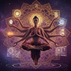 A serene Indian woman in modern meditation pose floating in a cosmic void, surrounded by concentric rings of golden karma symbols and Sanskrit mantras. Her aura radiates in gradient shades of purple and gold. Multiple ethereal hands emanate from behind her, each holding different symbolic items - a lotus (representing purity), a mirror (self-reflection), an hourglass (transformation of time), and a glowing orb (intention). The background features a large, intricate mandala made of interconnected golden threads that form DNA-like spirals, symbolizing the weaving of new karmic patterns. Swirling energy patterns in soft blues and purples create a vortex effect. Modern elements like holographic interfaces with sacred geometry float nearby. The woman wears contemporary yoga wear with traditional Indian design elements, adorned with minimal gold jewelry. Soft particle effects and light rays enhance the spiritual atmosphere. The art style combines hyperrealistic digital rendering with traditional Madhubani patterns in a modern aesthetic, featuring rich jewel tones and metallic accents. Dramatic lighting emphasizes the spiritual transformation theme.
