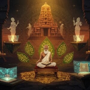 A serene ancient Tamil scholarly scene set in a modernistic crystalline library, featuring an elderly Tamil sage in traditional white veshti and angavastram, seated cross-legged on an ornate brass seat. He's surrounded by floating, luminescent palm leaves inscribed with Tamil scripts that emit a soft golden glow. The background features a massive mandala pattern combining Tamil architectural elements and love symbols from Sangam literature. Ethereal figures of lovers in ancient Tamil attire appear as translucent silhouettes in the background, representing the akam tradition. The scene is illuminated by warm, mystical light filtering through contemporary geometric patterns inspired by Tamil temple architecture. Intricate Kolam patterns flow across the floor in glowing lines. The color palette combines deep indigos, burnished golds, and sunset oranges. The art style merges traditional Tanjore painting techniques with modern digital art aesthetics, creating a dreamy, timeless atmosphere. Multiple levels of floating platforms contain ancient manuscripts and modern holographic displays, bridging the ancient and contemporary. Peacocks and lotus motifs adorn the corners in Madhubani-inspired style.