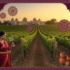 A luxurious Indian vineyard at golden hour, featuring rows of lush grape vines stretching towards a setting sun painted in deep saffron and purple hues. In the foreground, an elegantly dressed Indian woman in a contemporary silk saree (deep wine red color) holds a crystal wine glass with grace, examining its contents with expertise. The scene is framed by ornate Madhubani-style borders featuring intertwined grape vines and peacock motifs in gold and deep purple. Modern stainless steel wine tanks blend seamlessly with traditional Indian architecture in the background. Floating mandala patterns in gold and burgundy hover in the air, creating a mystical atmosphere. The lighting is warm and dramatic, casting long shadows across the vineyard. The wine in the glass catches the light, creating a beautiful ruby glow. Traditional clay matkas are artfully placed among modern wine barrels, symbolizing the blend of tradition and modernity. The overall composition should be sophisticated, ethereal, and reminiscent of high-end wine photography with an Indian artistic twist.