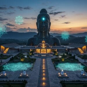A serene aerial view of Isha Foundation's Adiyogi statue at twilight, bathed in ethereal blue and golden light. The 112-foot black metal statue reflects mystical illumination, surrounded by modern glass and sustainable architecture of meditation halls. In the foreground, a group of diverse Indian meditation practitioners in white clothes sit in padmasana on geometric marble platforms. Floating above them are translucent sacred geometry patterns and mandalas in glowing turquoise and gold. The background showcases the lush Velliangiri Mountains with wispy clouds, while subtle light orbs and energy streams flow through the scene. The landscape features modern zen gardens with lotus ponds and contemporary water features. Traditional Madhubani-style patterns seamlessly blend with futuristic holographic elements. The lighting creates a magical atmosphere with soft volumetric rays emerging from the Adiyogi's third eye. The color palette combines deep indigos, soft golds, and pristine whites. Photorealistic digital art style with spiritual overtones, extreme attention to architectural details, cinematic lighting, and atmospheric depth. 8k resolution, highly detailed, architectural visualization quality.