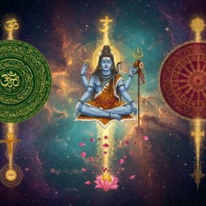 A mystical cosmic scene depicting three interconnected circular mandalas floating in ethereal space, each representing different philosophical traditions. The central mandala features Lord Shiva in deep meditation, four-armed, holding a trident and damaru, adorned with crescent moon and rudraksha. To the left, an Islamic geometric pattern mandala in emerald and gold with intricate Arabic calligraphy patterns. To the right, a Buddhist Dharma wheel mandala in deep maroon and gold. All three mandalas are connected by flowing streams of golden light and floating lotus petals. The background shows a surreal cosmic space with swirling nebulas in deep indigo, purple, and teal. Sacred symbols from various traditions - Om symbol, Crescent moon, Cross, and Dharma wheel - float delicately in the space between mandalas. The scene is illuminated by soft, divine light emanating from above, creating an atmosphere of spiritual unity. The art style combines traditional Madhubani patterns in the borders with modern digital art techniques, utilizing a rich color palette of deep blues, burgundy, saffron, and metallic gold accents.
