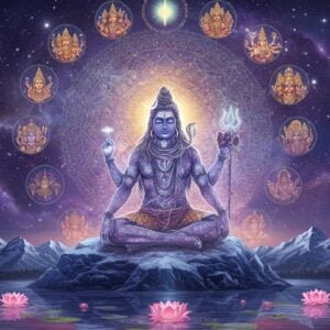 A majestic, ethereal scene depicting Lord Shiva as Ishvara in his cosmic form, seated in padmasana on a crystalline mountain peak. His form is semi-transparent and luminous, with intricate Madhubani-style patterns flowing through his silhouette. Four translucent arms - upper right holding trishul emanating blue energy, upper left holding damaru with visible sound waves, lower hands in chin mudra. His third eye radiates golden light that forms a massive mandala behind him. The mandala seamlessly transitions into the cosmos, showing galaxies, stars, and nebulae in deep purples and blues. Multiple smaller mandalas float around, each containing different aspects of divinity - Vishnu, Brahma, Shakti, and various spiritual symbols. The foreground features a serene lotus pond reflecting the cosmic scene above, with water ripples creating sacred geometry patterns. Soft, glowing orbs of light in pastel colors float around the scene. The art style merges traditional Pattachitra techniques with modern digital art, using a color palette of deep indigo, burnished gold, cosmic purple, and ethereal white. The overall composition suggests both supreme divinity and universal consciousness.