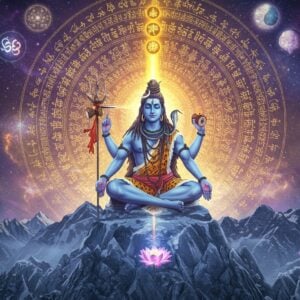 A luminous, ethereal scene showing Lord Shiva in his cosmic teacher form, seated in Padmasana on a crystalline mountain peak. His four arms hold a trident, damaru, lotus, and one in chin mudra. His form radiates a brilliant blue aura merged with modern geometric light patterns. The background features a massive mandala made of intertwining Sanskrit verses transforming into streams of golden light. Multiple realms of existence depicted in concentric circles around him - celestial, earthly, and cosmic dimensions rendered in deep indigos, cosmic purples, and shimmering golds. Floating crystal lotuses and modern sacred geometry patterns frame the scene. The art style combines traditional Thanjavur painting techniques with contemporary digital art aesthetics, featuring rich metallics, deep jewel tones, and subtle gradient lighting. Modern interpretations of vedic symbols float in the space around him. The overall composition creates a bridge between ancient wisdom and contemporary spirituality, with ray-traced lighting effects and a cinematic depth of field.