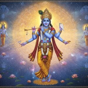 A luminous, ethereal scene depicting Lord Krishna in his cosmic form, standing in a transcendent space filled with swirling galaxies and celestial light. Krishna appears in divine blue complexion, wearing a magnificent golden dhoti and crown adorned with peacock feathers. He has four arms - one holding the Sudarshana Chakra radiating golden light, one with the sacred conch shell, one playing the flute, and one in abhaya mudra (blessing pose). Behind him, a massive, intricately detailed mandala in shades of gold and saffron pulses with divine energy. Multiple smaller Krishna forms emerge from and merge back into his aura, symbolizing his omnipresence. The background features floating lotus flowers in pastel blues and pinks, with subtle Vedic symbols and geometric patterns. Sacred threads of light connect the various elements, creating a web of divine consciousness. The artwork combines hyperrealistic digital rendering with traditional Madhubani patterns along the borders. The overall color palette focuses on deep cosmic blues, radiant golds, and soft ethereal whites, creating a sense of infinite divine energy.