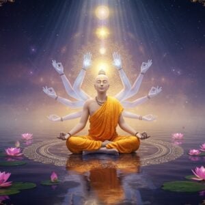 A serene Indian yogi in lotus position, floating above a reflective pool of water, surrounded by concentric circles of golden light forming divine mandalas. The yogi's face radiates peaceful surrender, eyes closed in deep meditation, wearing simple saffron robes with traditional Indian patterns. Multiple ethereal, translucent hands reach upward from the yogi towards a large, glowing cosmic light source above, symbolizing divine surrender. The background features a gradient from deep indigo to soft gold, with delicate sacred geometry patterns. Swirling energy patterns in pastel blues and purples dance around the figure. Lotus flowers in various stages of bloom float on the water's surface, each emitting a soft, spiritual glow. Traditional Madhubani-style border patterns frame the scene, incorporating peacock feathers and om symbols in gold and copper tones. The lighting is dreamy and atmospheric, with god rays streaming down from above. Hyperrealistic digital art style with spiritual undertones, 8k resolution, cinematic lighting, volumetric fog.