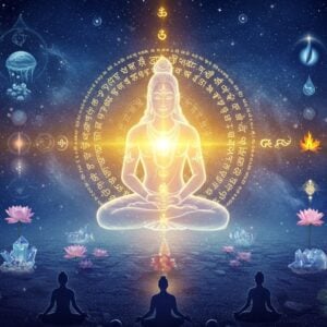 A serene cosmic scene depicting Lord Ishvara as a luminous, ethereal figure seated in Padmasana, emanating golden rays of divine consciousness. The figure has a translucent, energy-like form rather than solid physical appearance, surrounded by concentric circles of Sanskrit symbols dissolving into pure light. The background shows a vast cosmic space with subtle manifestations of the five elements - swirling air currents, floating water droplets, flickering flames, crystalline earth fragments, and ethereal space. Multiple dimensions of reality are represented through interconnected sacred geometry patterns in deep indigo and gold. Floating lotus flowers in various stages of bloom symbolize spiritual awakening. The overall composition transitions from deep cosmic blues at the edges to brilliant golden light at the center. The art style combines traditional Indian iconography with modern digital art techniques, featuring a gradient of glowing particles and light rays. Small meditating figures in various yoga poses appear as silhouettes at the bottom, representing the connection between the divine and practitioners. The scene is framed by an intricate mandala border featuring peacock feathers and OM symbols.
