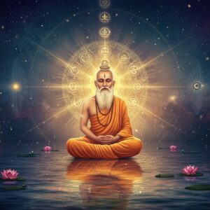 A serene Indian sage in deep meditation, floating above a reflective pool of cosmic water that mirrors infinite galaxies. The sage emanates a golden aura that forms intricate Kashmir Shaivism symbols and mandalas. Multiple transparent layers of consciousness represented by concentric circles of light emanate from his third eye, each containing subtle reflections of Shiva. The background features a massive, ethereal mirror showing both the sage's physical form and his divine reflection as Shiva simultaneously. Delicate threads of consciousness, depicted as luminous golden strands, connect various points of reality. Sacred geometry patterns in deep indigo and gold float in the space, while lotus flowers in various stages of bloom represent the stages of recognition. The scene is rendered in a fusion of traditional Kashmiri miniature painting style and modern digital art, with rich jewel tones of deep blue, gold, and crimson. Soft particles of light dance around the scene, creating a mystical atmosphere. The lighting is otherworldly, suggesting both dawn and dusk simultaneously, with rays of light creating a cosmic mandala behind the sage.