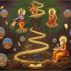 A grand, ethereal library scene with ancient palm leaf manuscripts and golden scrolls floating in spiral patterns, illuminated by divine light streams. In the center, the cosmic tree of knowledge emerges, its branches depicting scenes from different puranas - one branch shows Krishna teaching Arjuna (detailed in blue skin, yellow dhoti, peacock feather crown), another shows Hanuman carrying the mountain (detailed in orange-red form, muscular build, tail curved), and another shows Sage Vyasa (in saffron robes, with long white beard) writing with a golden pen. The tree roots transform into flowing rivers representing the flow of oral traditions. Surrounding the scene are intricate Madhubani-style borders with recurring motifs of conch shells, lotus flowers, and om symbols in deep maroon and gold. Floating crystalline orbs near the branches contain miniature scenes from the Ramayana and Mahabharata. The background features a subtle cosmic mandala pattern in peacock blue and gold. The lighting is mystical with soft golden rays filtering through the scene, creating an atmosphere of timeless wisdom. The art style combines traditional Indian miniature painting techniques with modern digital art aesthetics, rendered in high detail with a surreal, ethereal quality.