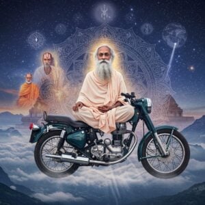 A serene portrait of Sadhguru Jaggi Vasudev in his signature white robes and flowing silver beard, sitting in padmasana on a Royal Enfield motorcycle floating above misty mountains. The motorcycle transforms into a lotus throne, with intricate Madhubani-style patterns flowing from its chrome parts. Behind him, a cosmic mandala radiates in deep indigo and gold, showing his journey through symbolic elements - a young man on a motorcycle on one side transitioning into a spiritual leader addressing global crowds on the other. Ethereal light streams through the scene, creating a mystical atmosphere. The background features the Dhyanalinga temple with sacred geometry patterns. Multiple translucent layers show his transformation from a young businessman to a mystic. The art style merges photorealistic details with spiritual surrealism, using a color palette of deep blues, whites, golds, and earthy tones. Sacred yantra patterns float in the atmosphere, while subtle streams of energy connect all elements. The composition emphasizes both movement and stillness, modernity and tradition.