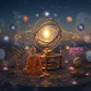 A mystical ancient Indian observatory at twilight, featuring intricate brass astronomical instruments and a central crystalline armillary sphere emitting golden light. Multiple translucent cosmic layers showing zodiac constellations float in concentric circles. A wise Indian sage in traditional ochre robes sits in padmasana, surrounded by floating geometric sacred yantra patterns in deep indigo and gold. Cosmic energy lines connect different planetary positions, creating a complex network of golden threads. Traditional Madhubani-style celestial bodies decorated with intricate patterns float in the background. The scene is illuminated by ethereal starlight and contains floating lotus flowers in soft pastel hues. Multiple floating mirrors at different angles reflect cosmic light, symbolizing various aspects and drishtis. The overall composition follows a sacred geometry pattern with a large central mandala. Art style combines photorealistic rendering with traditional Indian artistic elements, featuring a color palette of deep blues, burnished gold, copper, and soft purples. Mystical smoke with sparkles adds depth and movement to the scene. hyper-detailed, cinematic lighting, volumetric lighting, 8k resolution