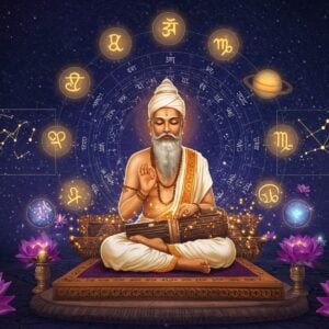 A mystical Indian astrologer in traditional gold-trimmed white dhoti seated in padmasana on an ornate marble platform, surrounded by floating, luminescent zodiac symbols in deep indigo and gold. The background features an intricate cosmic mandala with concentric circles containing Sanskrit symbols and celestial patterns. Multiple translucent celestial charts hover around him, showing planetary positions in glowing lines. The scene is illuminated by soft, ethereal light creating a dreamy atmosphere. Floating lotus flowers in purple and gold accent the corners. The composition includes subtle representations of the nine planets as per Vedic astrology, depicted as glowing orbs in traditional colors. The astrologer's hands are positioned in a teaching mudra, with streams of golden light flowing from his fingers, connecting to the various astrological charts. The art style combines traditional Madhubani patterns in the borders with modern digital art techniques, using a color palette of deep purple, midnight blue, burnished gold, and ethereal white. Supernatural glowing effects and particle effects add a magical quality, while maintaining cultural authenticity.