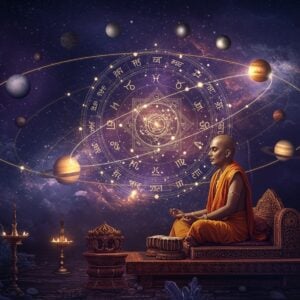 A mystical Indian astrologer in rich silk dhoti and angavastram, seated in padmasana on an ornate carved wooden platform, surrounded by floating, ethereal cosmic symbols in deep indigo and gold. The central focus shows a detailed, luminescent Jaimini chart mandala with intricate geometric patterns and zodiac symbols, rendered in traditional Madhubani style but with modern digital precision. Swirling cosmic energies in deep purple, midnight blue, and burnished gold create spiral patterns around the chart. Multiple planetary orbits depicted as golden rings intersect the scene, with semi-transparent celestial bodies at key points. Small, glowing Sanskrit symbols float in the background. The lighting is ethereal with soft spots of divine light breaking through cosmic clouds. The scene includes subtle elements like crystalline structures, constellations, and sacred geometry patterns. The astrologer's expression is serene and knowing, with a subtle third eye symbolism. The overall composition balances traditional Indian astronomical elements with modern cosmic visualization, rendered in a style mixing traditional Indian art with contemporary digital aesthetics.