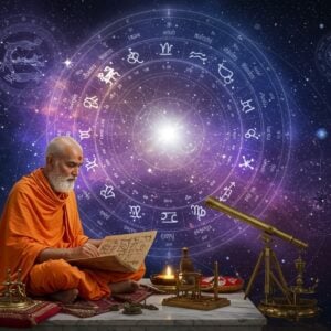 A mystical Indian sage in traditional saffron robes seated in padmasana on an ornate marble platform, studying ancient palm leaves with intricate astrological symbols. Behind him, a large, ethereal cosmic wheel featuring the 12 zodiac signs rendered in traditional Madhubani style floats in space, emanating golden light. The background shows a surreal night sky with constellations forming intricate geometric patterns. Multiple translucent celestial layers displaying Jaimini's unique karakas and dashas overlap in circular formations, rendered in glowing peacock blue and deep purple. Sacred geometry mandalas float in the corners, connected by threads of golden light. The scene is illuminated by soft, otherworldly light, creating a dreamy atmosphere. In the foreground, a brass antique telescope and traditional calculating tools rest on silk cushions. The art style combines hyperrealistic digital rendering with traditional Indian artistic elements, featuring rich jewel tones and metallic accents. Swirling cosmic energy and subtle sacred Sanskrit symbols add depth to the composition.