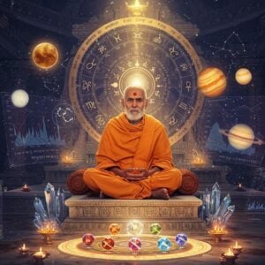 A mystical Indian sage in traditional saffron robes seated in padmasana on an ornate marble platform, surrounded by floating, luminescent zodiac symbols in gold and deep blue. Above him, a large cosmic wheel with intricate Vedic patterns and constellations spins gently, emanating soft ethereal light. The background features a grand temple architecture with multiple levels, each decorated with traditional Madhubani-style celestial patterns. In the foreground, multiple translucent layers of cosmic charts and planetary positions float like holograms, rendered in glowing sacred geometry patterns. The scene is illuminated by warm golden light from above, creating dramatic shadows and highlights. Crystal-clear gemstones representing the nine planets are arranged in a perfect yantra formation at the sage's feet. The overall color palette includes deep indigo, royal purple, burnished gold, and celestial blue, with accent colors of saffron and pearl white. The art style combines photorealistic rendering with ethereal, spiritual elements and traditional Indian artistic motifs, creating a harmonious blend of ancient wisdom and modern aesthetic.
