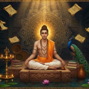 A young Indian sage in pristine white dhoti and angavastram, seated in padmasana on a carved stone platform, surrounded by ancient palm leaf manuscripts and copper plates. His face radiates wisdom and serenity, with a subtle golden aura around him. A large, intricate mandala floats behind him, incorporating Sanskrit syllables that fade into cosmic patterns. To his right, peacock feathers and sacred threads symbolizing knowledge. To his left, an ornate bronze oil lamp with multiple flames casting warm light. The background features a mystical library with floating scrolls and celestial geometric patterns in deep indigo and gold. Soft beams of divine light filter through overhead, creating a ethereal atmosphere. In the foreground, a blooming lotus pond reflects the entire scene. The art style combines traditional Madhubani patterns in the borders with modern digital art techniques, using a palette of deep maroon, saffron, turquoise, and metallic gold. The overall composition suggests deep wisdom, spiritual knowledge, and timeless teachings.