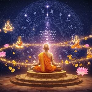 A mystical Indian astrologer in rich golden dhoti and angavastram seated in padmasana on an ornate marble platform, surrounded by floating, luminous cosmic charts and celestial patterns in deep indigo and gold. The background features a large, intricate mandala with zodiac symbols rendered in Madhubani style, glowing with ethereal light. Sacred geometric patterns and constellations float in spiral formation around the astrologer. Three distinct paths of light emanate from the astrologer's meditation pose - one path shows successful business figures, another shows academic achievements, and the third shows spiritual attainment, all depicted in traditional Indian art style with modern digital elements. Scattered lotus flowers in pastel pink and blue float around, their petals transforming into golden coins and symbols of success. The lighting is dramatic with soft mystical glow, creating an atmosphere of divine knowledge and cosmic energy. The color palette includes deep royal purple, celestial blue, burnished gold, and touches of saffron. Swirling sacred threads and yantra patterns weave throughout the composition, suggesting the connection between cosmic forces and earthly success.