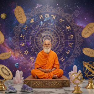 A mystical Indian sage in traditional saffron robes seated in padmasana on an ornate marble platform, surrounded by floating ancient palm leaves with Sanskrit inscriptions. The sage's face radiates divine wisdom, with a subtle golden aura around him. Behind him, a large, intricate mandala pattern in deep indigo and gold emerges from cosmic space, featuring zodiac symbols and celestial patterns. Swirling cosmic energies in deep purples and blues create spiral patterns in the background. Multiple translucent layers of geometric patterns representing different dimensions of astrology float in the space. The foreground features carefully arranged crystals and brass astronomical instruments. Soft, ethereal light illuminates the scene from above, creating dramatic shadows. The art style combines traditional Madhubani patterns in the mandala with modern digital art techniques, featuring rich textures and metallic highlights. The overall composition should be serene yet powerful, with a color palette of deep indigos, burnt orange, gold, and cosmic purples.