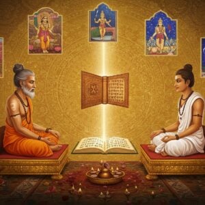 A mystical scene depicting two ancient Indian sages sitting face-to-face on ornate golden asanas - Sage Jaimini and Sage Vyasa, surrounded by a ethereal golden mandala backdrop. Vyasa appears older with matted locks and wearing saffron robes, while Jaimini appears slightly younger in white robes. Between them floats an illuminated manuscript with two distinct paths of light emerging from it - one in deep maroon representing Vyasa's narrative and another in celestial blue representing Jaimini's version. The manuscript is adorned with intricate Madhubani-style border patterns. Around them, multiple translucent scenes from the Mahabharata float like cosmic windows - showing Ashwatthama with the Brahmastra on one side and Arjuna with his Gandiva on the other, rendered in contrasting artistic styles. The entire scene is bathed in a divine glow with subtle lotus motifs and Sanskrit verses floating ethereally in the background. Small details include peacock feathers, rudraksha beads, and sacred threads. The art style combines traditional Indian Pattachitra techniques with modern digital fantasy art aesthetics, creating a soft dreamy atmosphere with rich jewel tones of gold, saffron, and deep blues.