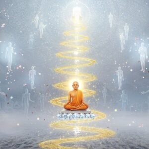 A serene Indian spiritual scene showing a meditating Jain monk in traditional white dhoti seated in padmasana on a crystal lotus platform, floating above a spiral path made of golden light that leads upwards through different realms. The monk's aura glows with pure white light, symbolizing purity. In the background, a large ethereal mandala pattern in shades of soft blue and gold represents the layers of karma being shed. Multiple translucent souls in ascending poses float upward, becoming more luminous as they near the top. The scene is adorned with elegant swirls of ahimsa symbols and floating lotus petals. The lighting is otherworldly with soft highlights and a misty atmosphere, creating depth. The art style merges traditional Jain manuscript paintings with modern digital art techniques, using a color palette of white, gold, crystal blue, and subtle pastels. Sacred Jain symbols like the swastika and dharma wheel are delicately incorporated into the mandala patterns. The overall composition suggests upward movement and spiritual transcendence.