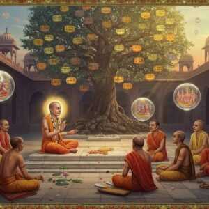 A serene ancient Indian temple courtyard at dawn, where Bhaktivinoda Thakur sits in traditional Bengali dhoti and chadar, radiating divine wisdom with a soft golden aura. He's teaching a diverse group of spiritual seekers seated on marble steps. A massive ornate tree of eternal wisdom grows behind him, its branches forming intricate Madhubani-style patterns, with sacred Sanskrit texts transforming into golden leaves. Floating crystal-clear spheres contain vignettes of eternal spiritual principles - devotion, karma, dharma. The scene is illuminated by both morning sun rays and ethereal spiritual light, creating a dreamy atmosphere. Traditional Bengali architectural elements blend with surreal elements like floating lotus flowers and glowing mandalas. The color palette features deep indigos, warm golds, soft saffrons, and peaceful teals. Intricate Pattachitra-style borders frame the scene, featuring timeless symbols of Gaudiya Vaishnavism. The overall composition balances traditional spiritual authenticity with modern digital art techniques, rendered in a style combining hyperrealism with Indian traditional art forms.