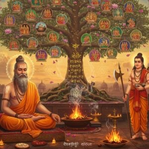 A majestic scene depicting Sage Jamadagni meditating in a traditional Indian ashram setting, wearing saffron robes with intricate Madhubani-style patterns. His form radiates a divine golden aura. To his right stands his son, Parashurama, with his signature battle axe in his right hand and sacred texts in his left, wearing traditional sage attire. The background features a large, ornate family tree emerging from a sacred fire (havan kund) with mystical smoke forming intricate Sanskrit symbols. The tree branches are adorned with miniature Pattachitra-style vignettes showing various gotras and lineages. The scene is illuminated by warm, ethereal light with floating lotus petals and subtle mandala patterns in the sky. The color palette includes deep maroons, saffron, and peacock blue with golden accents. Modern digital elements include glowing energy wisps connecting different branches of the family tree and a subtle sacred geometry overlay. The entire composition is framed by traditional Indian architectural elements merged with contemporary minimalist design, creating a bridge between ancient wisdom and modern aesthetics. Detailed textures in the clothing and environment showcase a blend of traditional Indian art forms with high-end digital artistry.