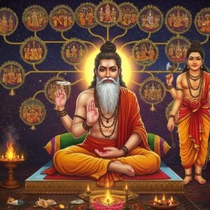 A majestic scene depicting Sage Jamadagni in detailed traditional Indian attire, seated in padmasana on a sacred platform, with his signature dreadlocks and beard glowing with divine light. Behind him stands his son, Lord Parashurama, wielding his divine axe in his right hand and showing abhaya mudra with his left. The background features an intricate Sanskrit-style family tree design rendered in glowing golden lines, branching upward into the cosmic sky. The scene is illuminated by seven sacred fires representing the seven rishis. Ethereal mandalas float in the background, with each circle containing miniature scenes from the lineage's history. The color palette combines deep maroons, saffron, and celestial blues with modern metallic gold accents. Sacred threads and vedic symbols float in a spiritual aura around them. The art style merges traditional Pattachitra techniques with contemporary digital art, creating a harmonious blend of ancient wisdom and modern aesthetics. Subtle lotus motifs and vedic geometric patterns adorn the borders, while soft divine light bathes the entire scene in a supernatural glow.